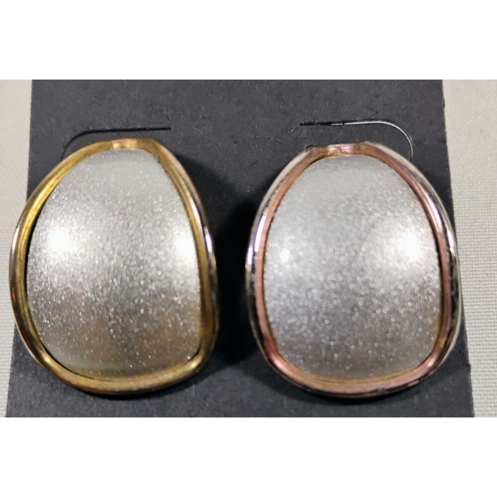 Vintage Earrings Teardrop Studs Textured Shimmering Silver Center Gold Tone Rim